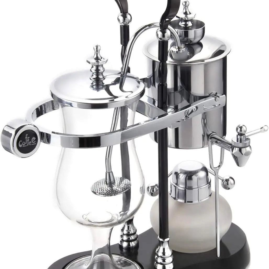 ☕️ Belgian Royal Syphon Coffee Maker – Luxury Balance Brewer (Silver & Black Column)