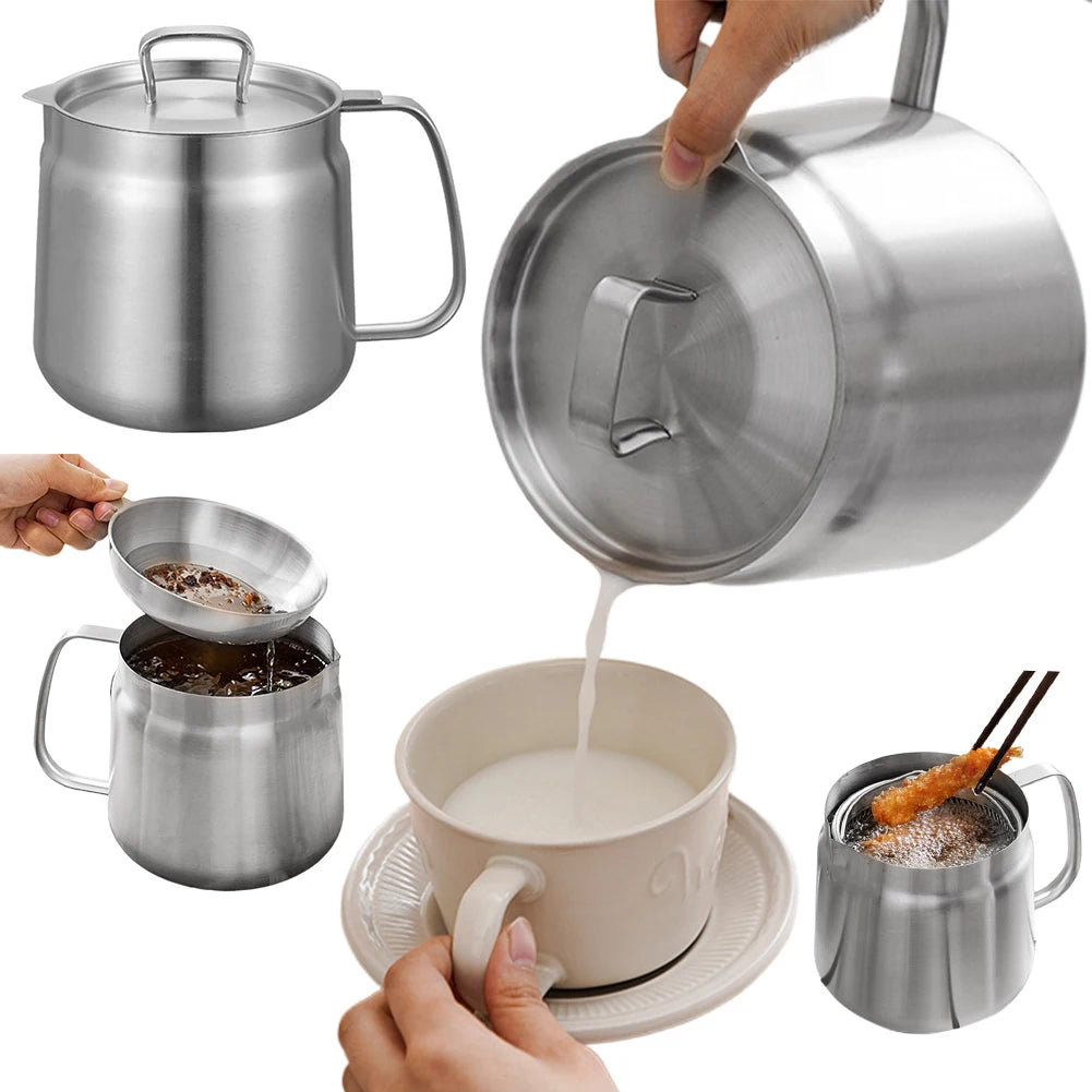 🛢️ 1.5L / 2L Stainless Steel Oil Filter Pot – Leak-Proof Deep Frying Container with Lid