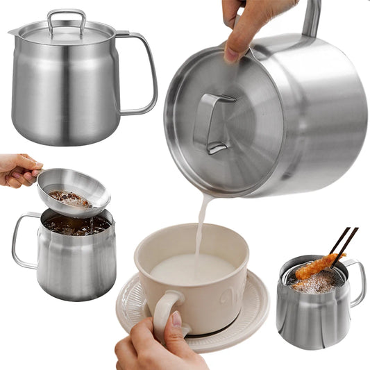 🛢️ 1.5L / 2L Stainless Steel Oil Filter Pot – Leak-Proof Deep Frying Container with Lid