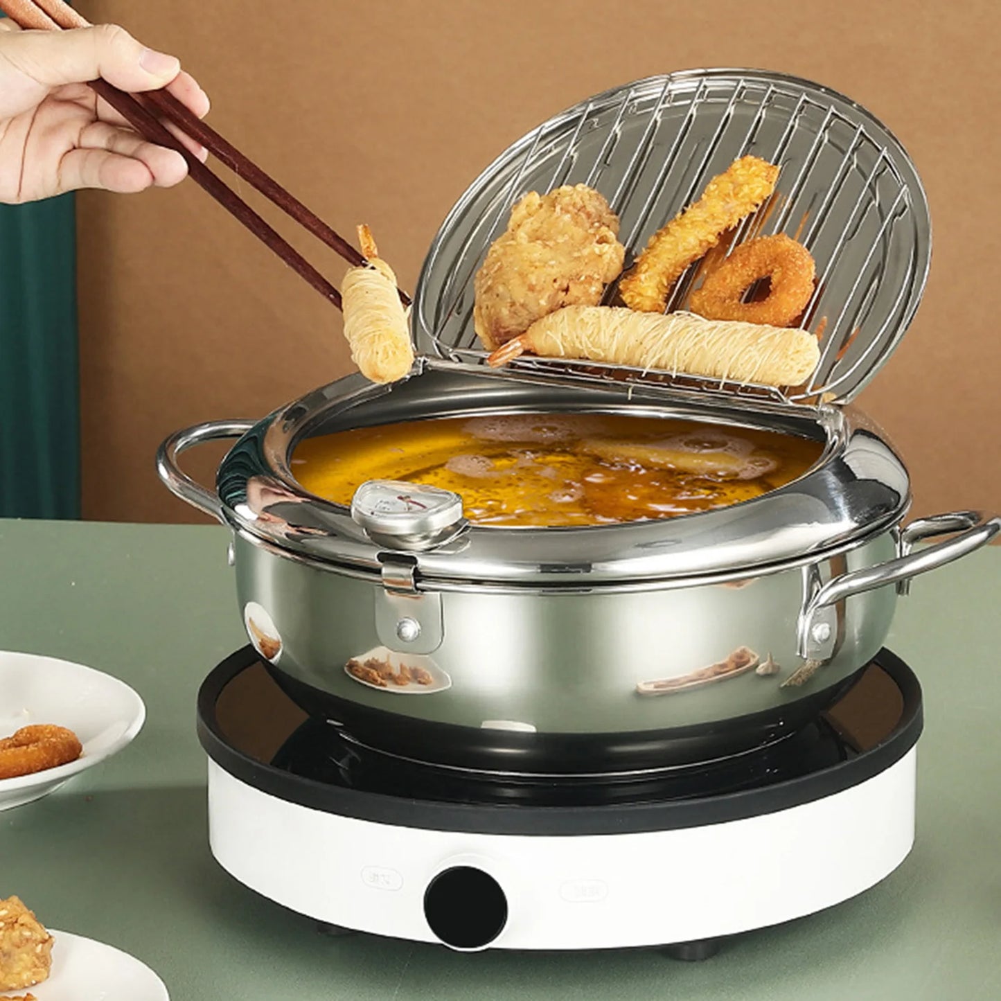 🍳 Thickened Stainless Steel Deep Fryer – Tempura Pan with Built-In Temperature Control