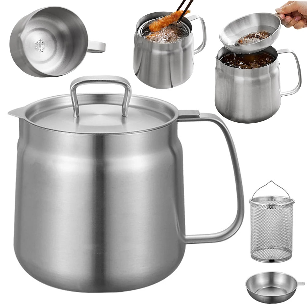 🛢️ 1.5L / 2L Stainless Steel Oil Filter Pot – Leak-Proof Deep Frying Container with Lid